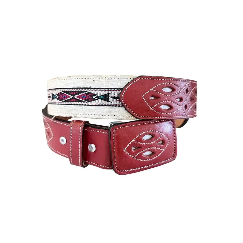 Vintage Mexican Western Belt Size 40 Red Leather Woven Southwestern Boho Mens